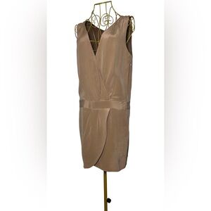 J. Crew 100% Silk Taupe V-Neck Dropped Waist Faux Wrap Dress w/ Pockets, Size 6